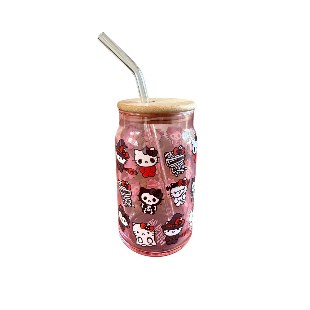 New Hello Kitty Glass Tumbler Halloween Bamboo Lid Mummy‎ Skeleton Ghost Witch